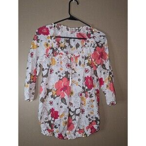 Old Navy Floral Print Blouse White Pink Yellow 3/4 Sleeve Tie Neck Gathered Hem